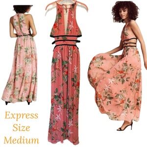 Express SZ M Tropical Floral Print Halter Strap Cutouts Dress